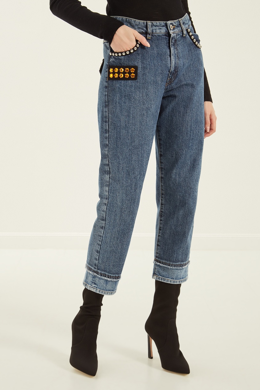 фото Укороченные джинсы с отделкой miu miu