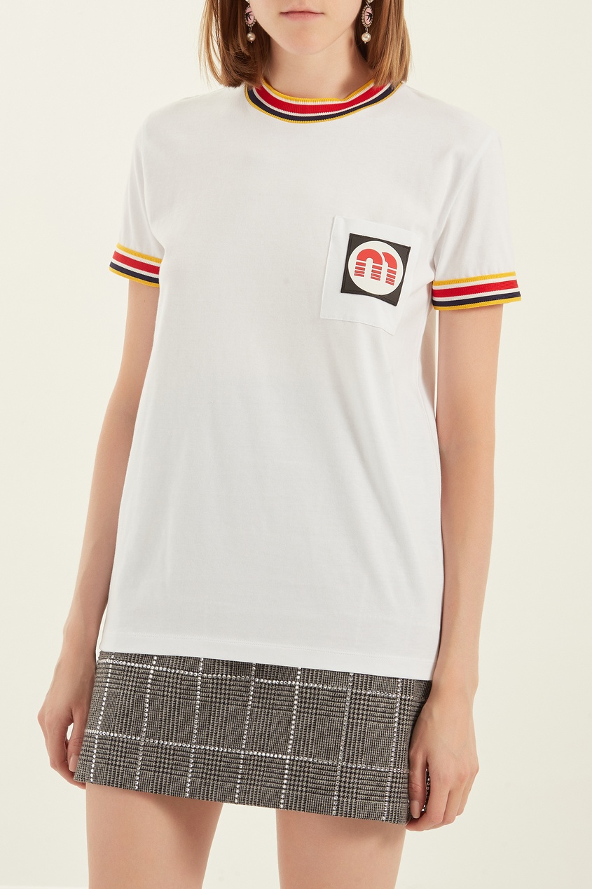 фото Хлопковая футболка с контрастной отделкой Miu miu