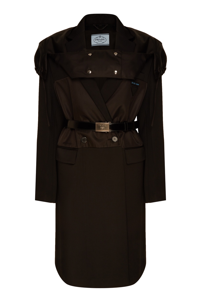 фото Черное пальто с ремнем prada
