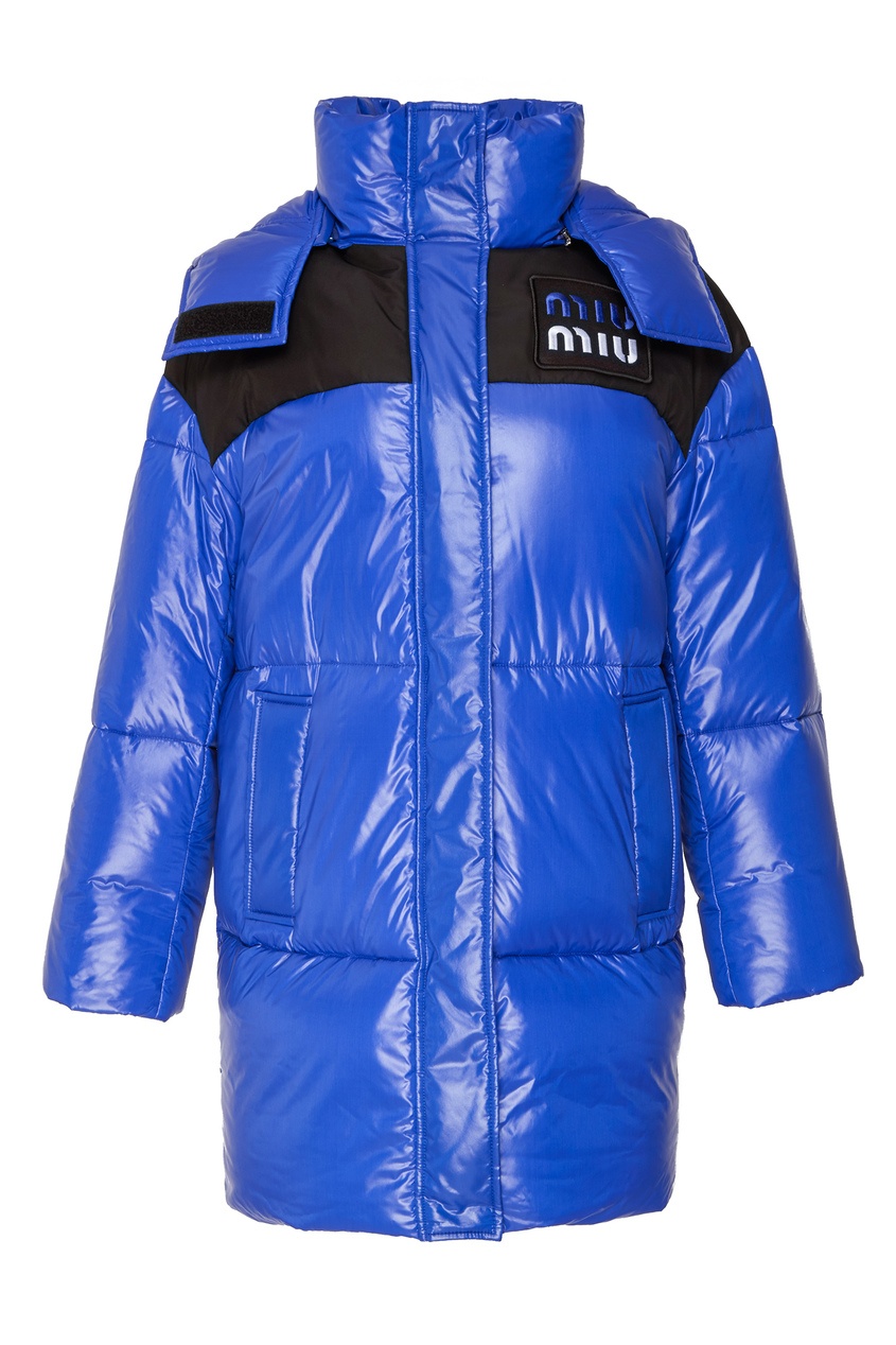 фото Синее стеганое пальто с логотипом miu miu