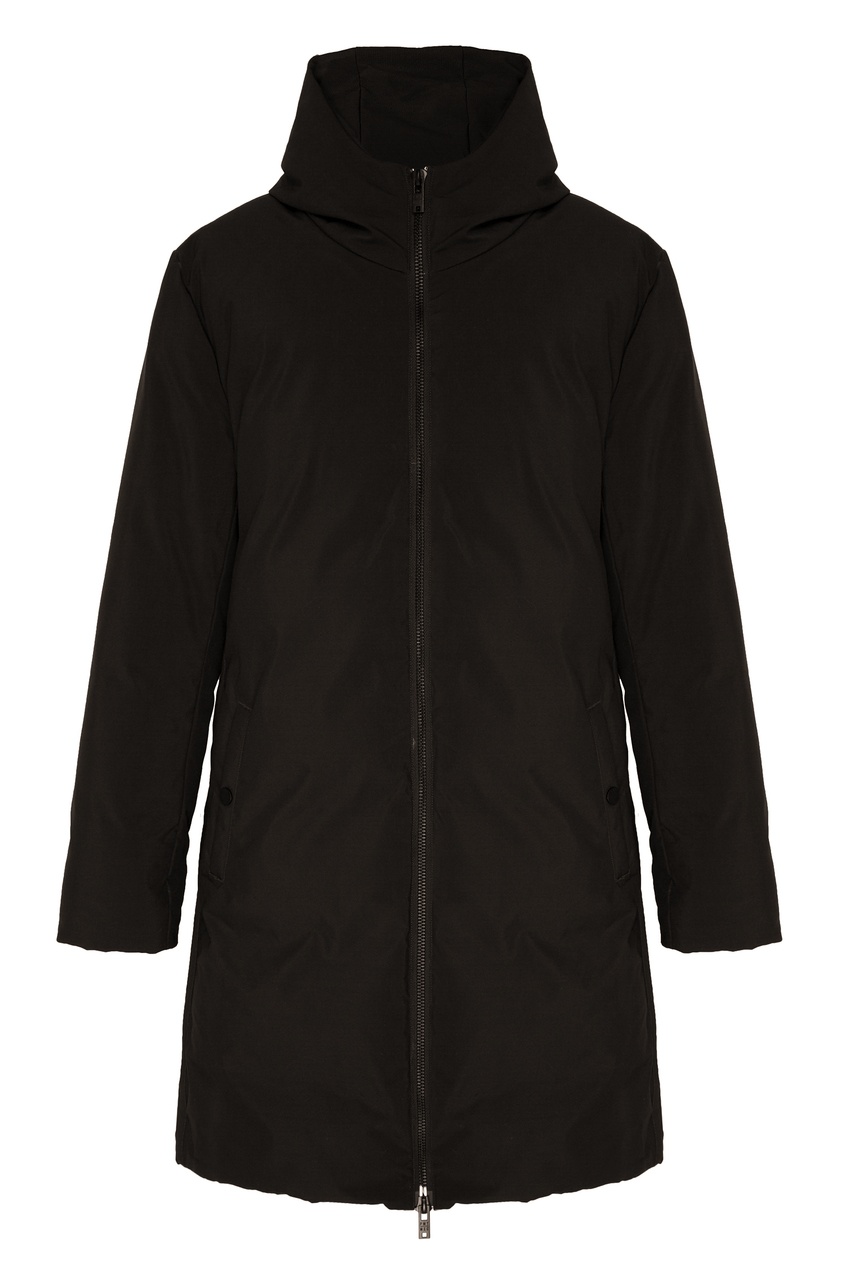 фото Утепленное черное пальто с капюшоном Papermint