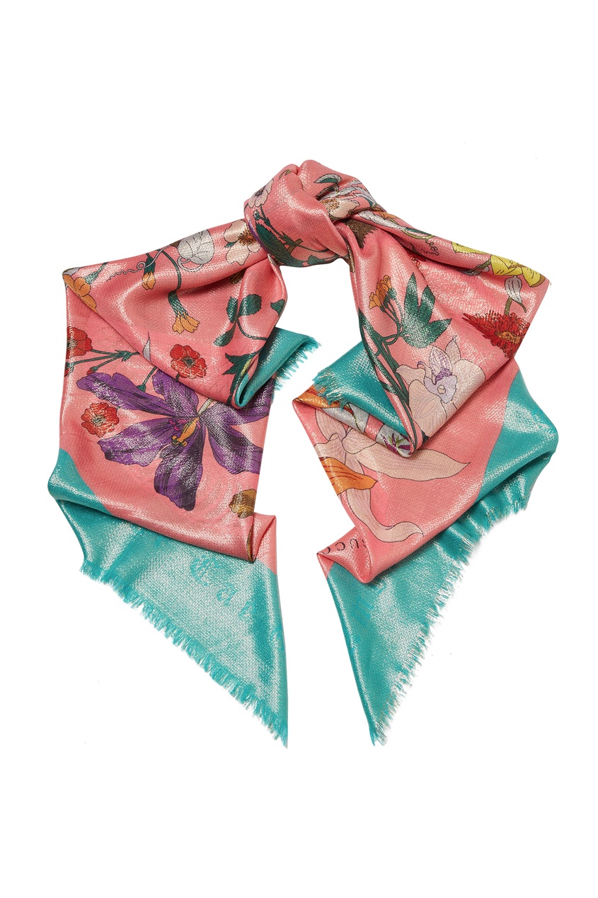 фото Бирюзово-розовый шарф с цветочным принтом Gucci