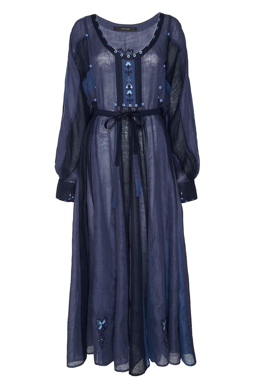 фото Синее льняное платье с вышивкой vita kin