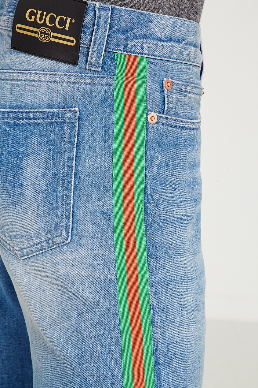 фото Голубые джинсы с цветными лампасами Gucci man