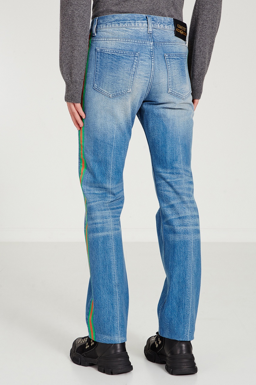 фото Голубые джинсы с цветными лампасами Gucci man