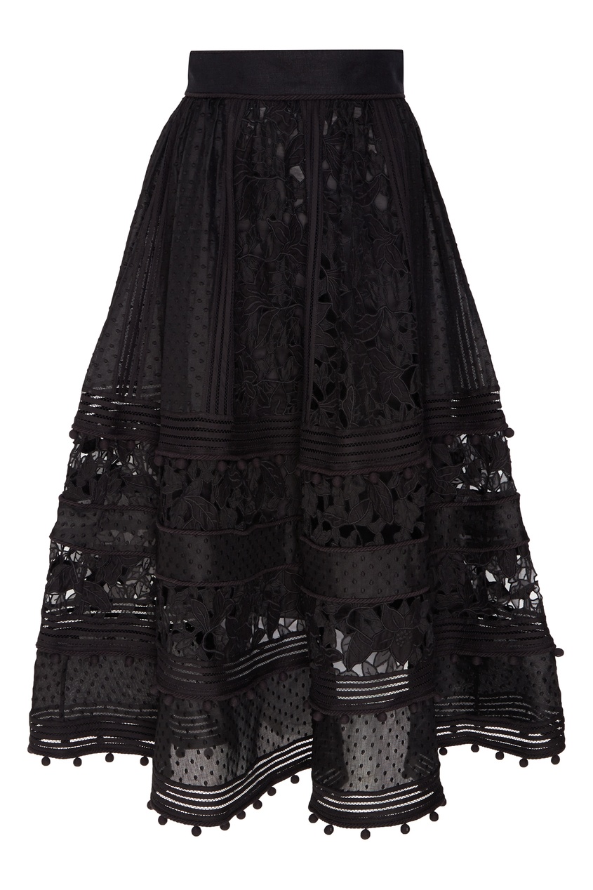 фото Черная юбка миди с кружевом и помпонами zimmermann