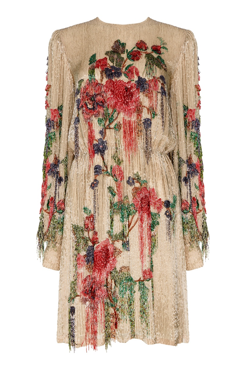фото Шелковое платье с вышивкой стеклярусом Gucci