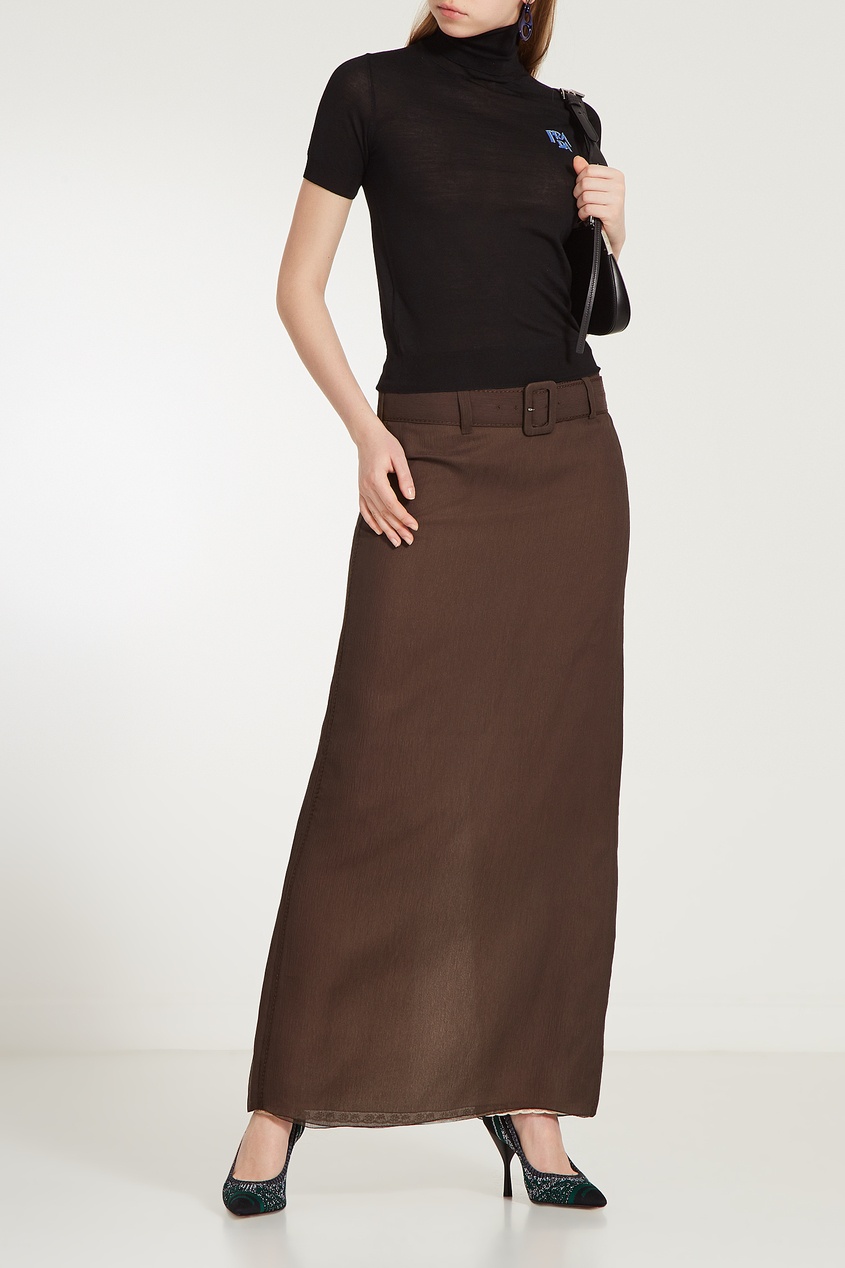 фото Длинная шелковая юбка с поясом prada