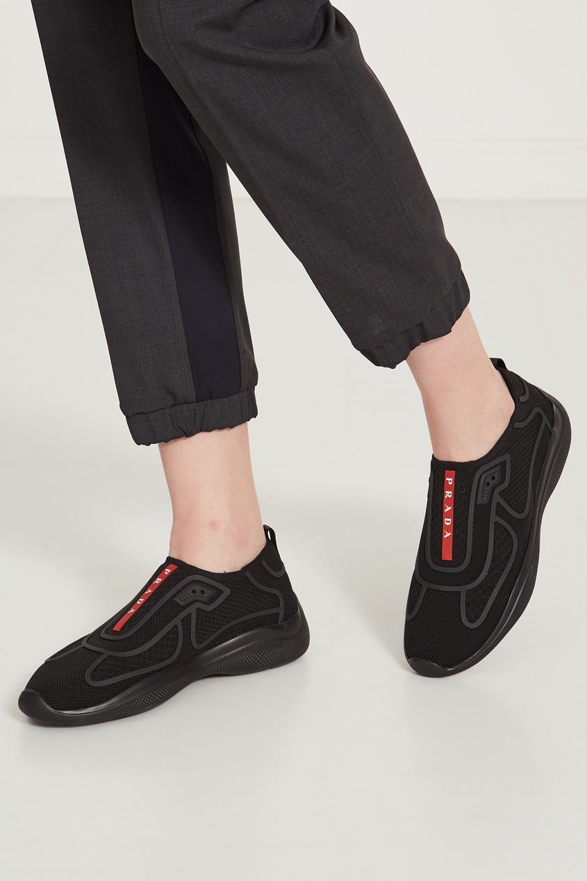 фото Черные текстильные кроссовки с отделкой prada