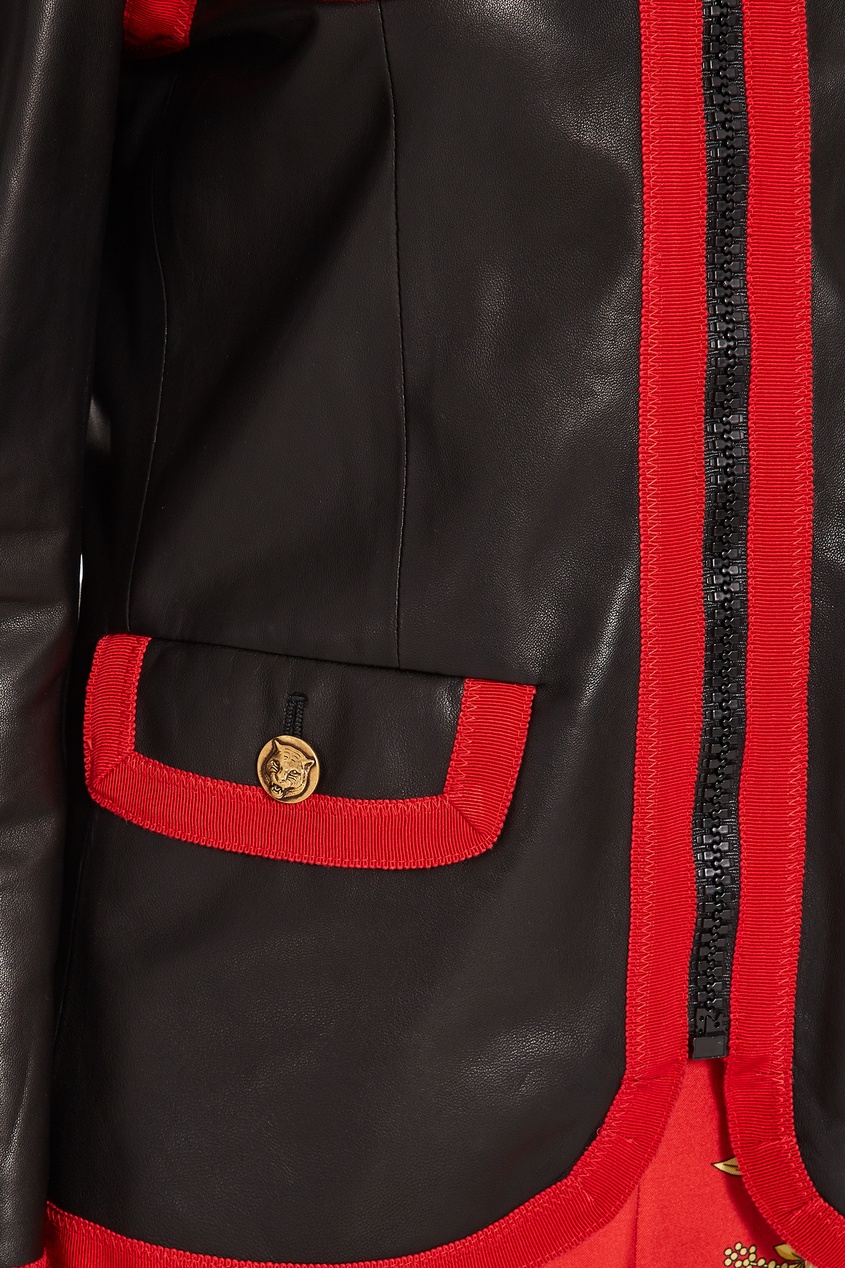 фото Черный кожаный жакет с контрастной отделкой Gucci