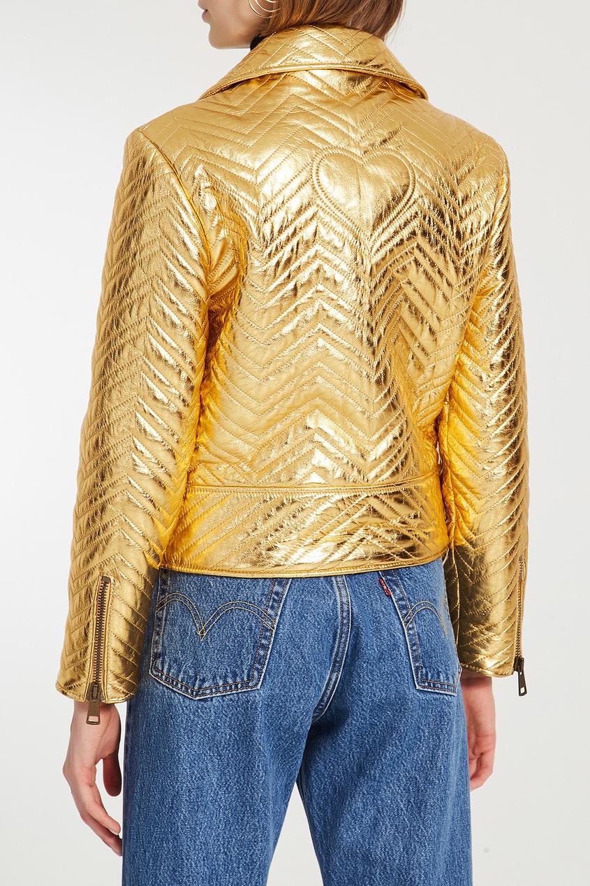 фото Золотистая кожаная куртка косого кроя Gucci