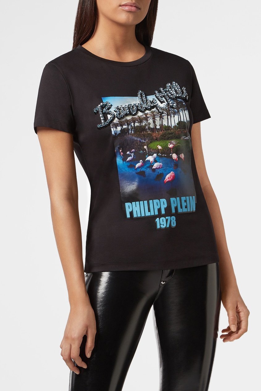 

Черная футболка с фотопринтом и стразами, Черный