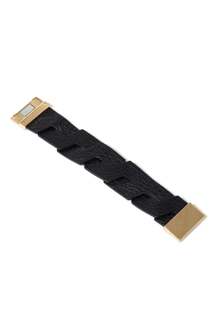 фото Черный кожаный браслет с золотистым замком tannum