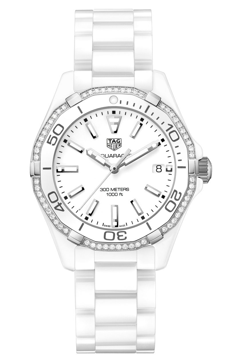 фото AQUARACER Кварцевые женские часы с белым циферблатом и бриллиантами Tag heuer