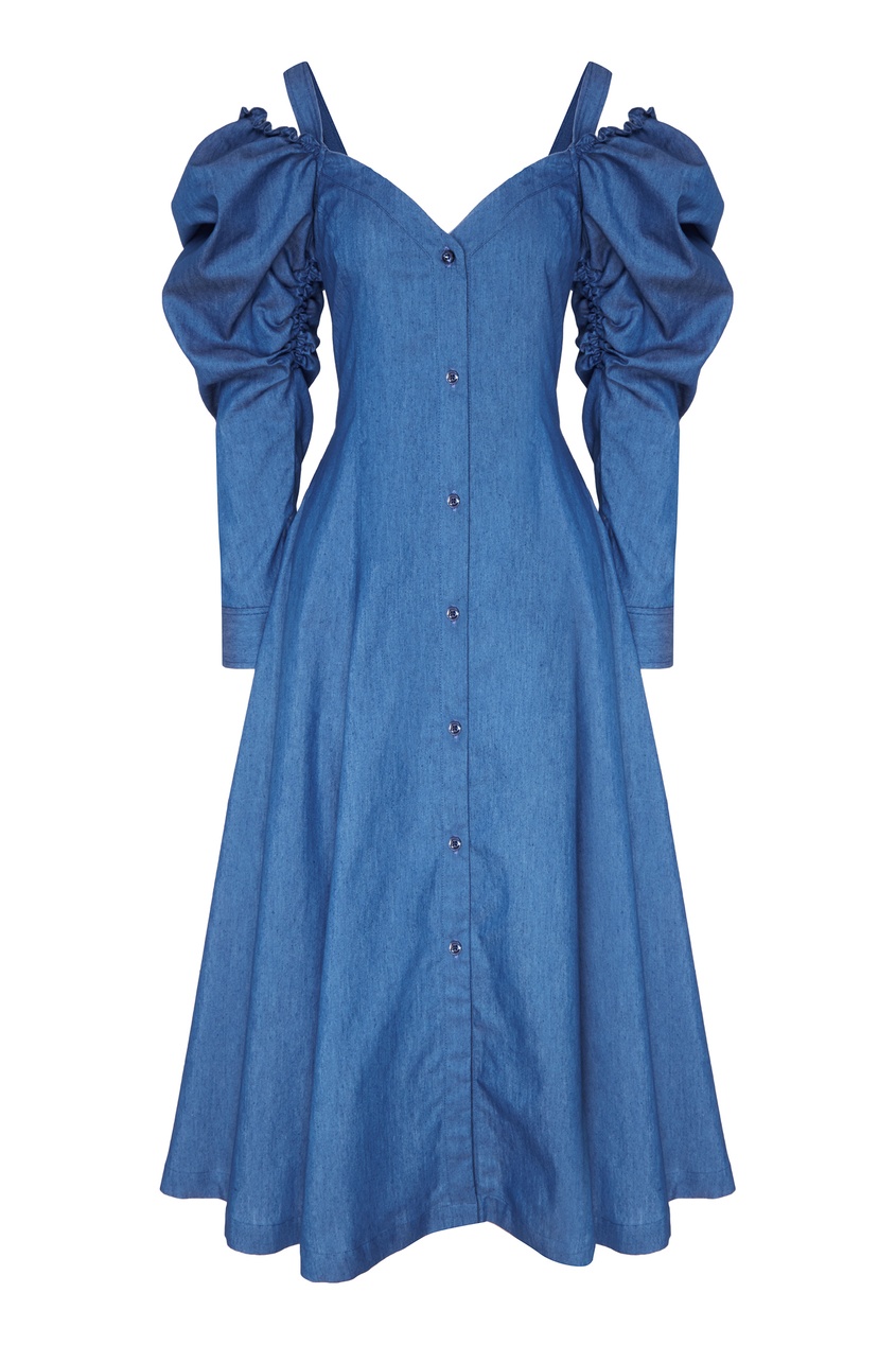 фото Голубое платье с открытыми плечами ли-лу