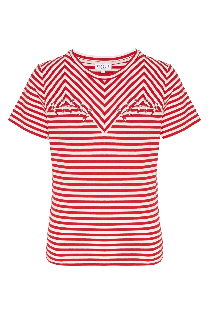 фото Красно-белая полосатая футболка с декором claudie pierlot