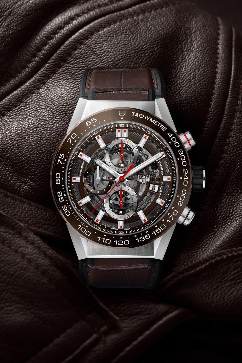 фото Carrera calibre heuer 01 автоматические мужские часы с коричневым циферблатом tag heuer