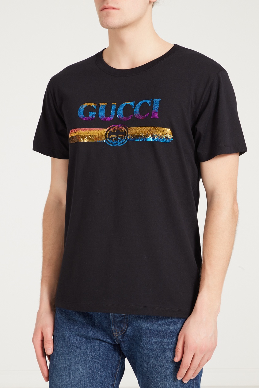 фото Футболка с винтажным логотипом из пайеток Gucci man