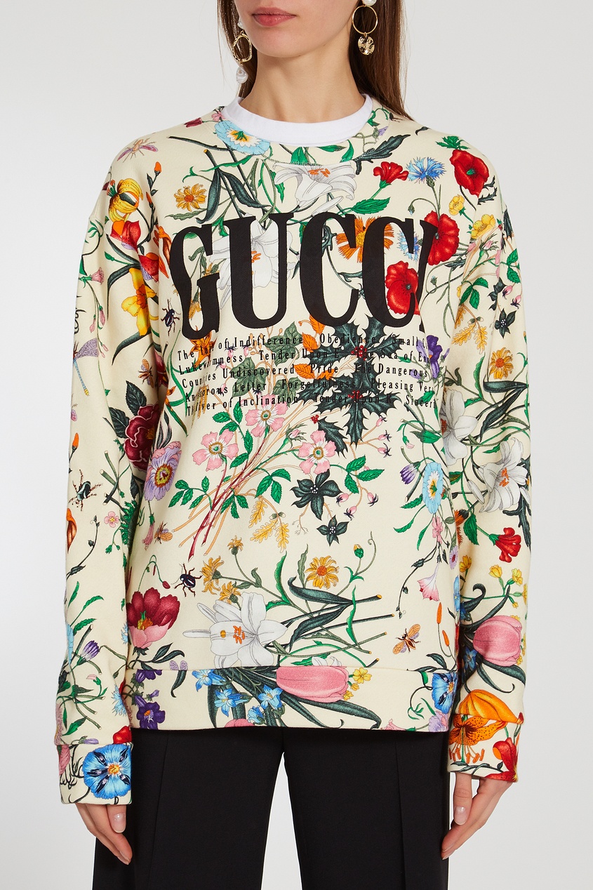 фото Свитшот с ботаническим принтом и надписями Gucci