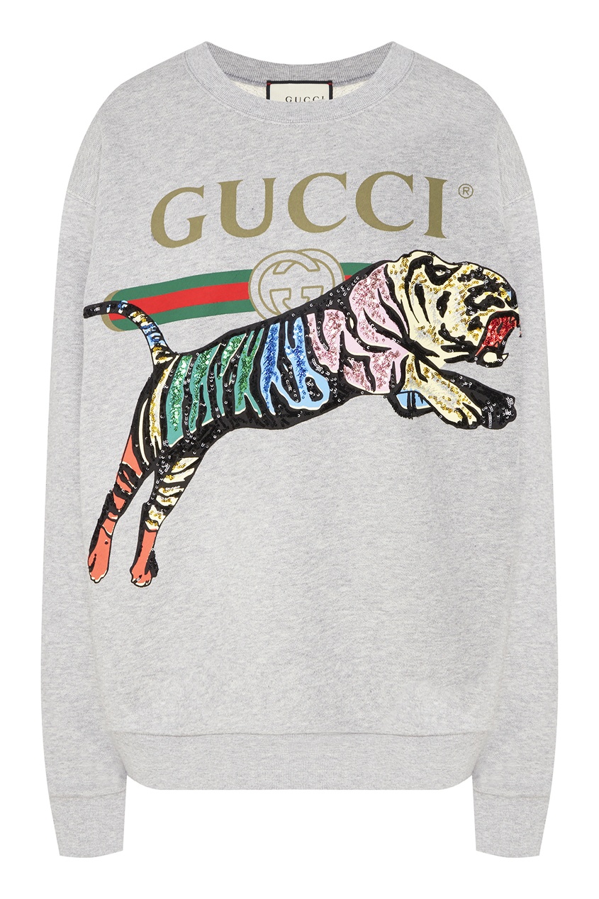 фото Серый свитшот оверсайз с тигром Gucci