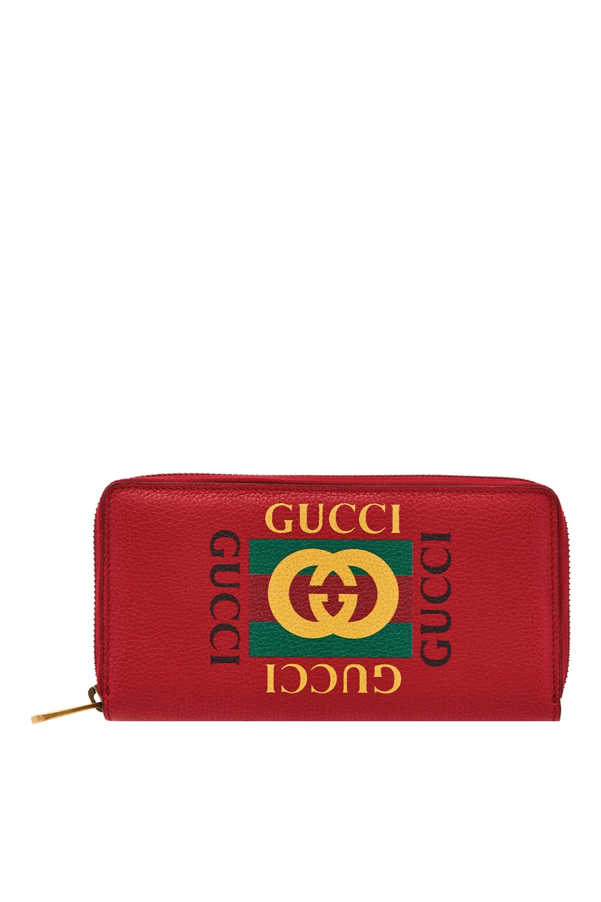 фото Красное кожаное портмоне с принтом Gucci man