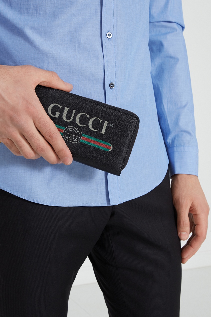 фото Черное кожаное портмоне с принтом Gucci man