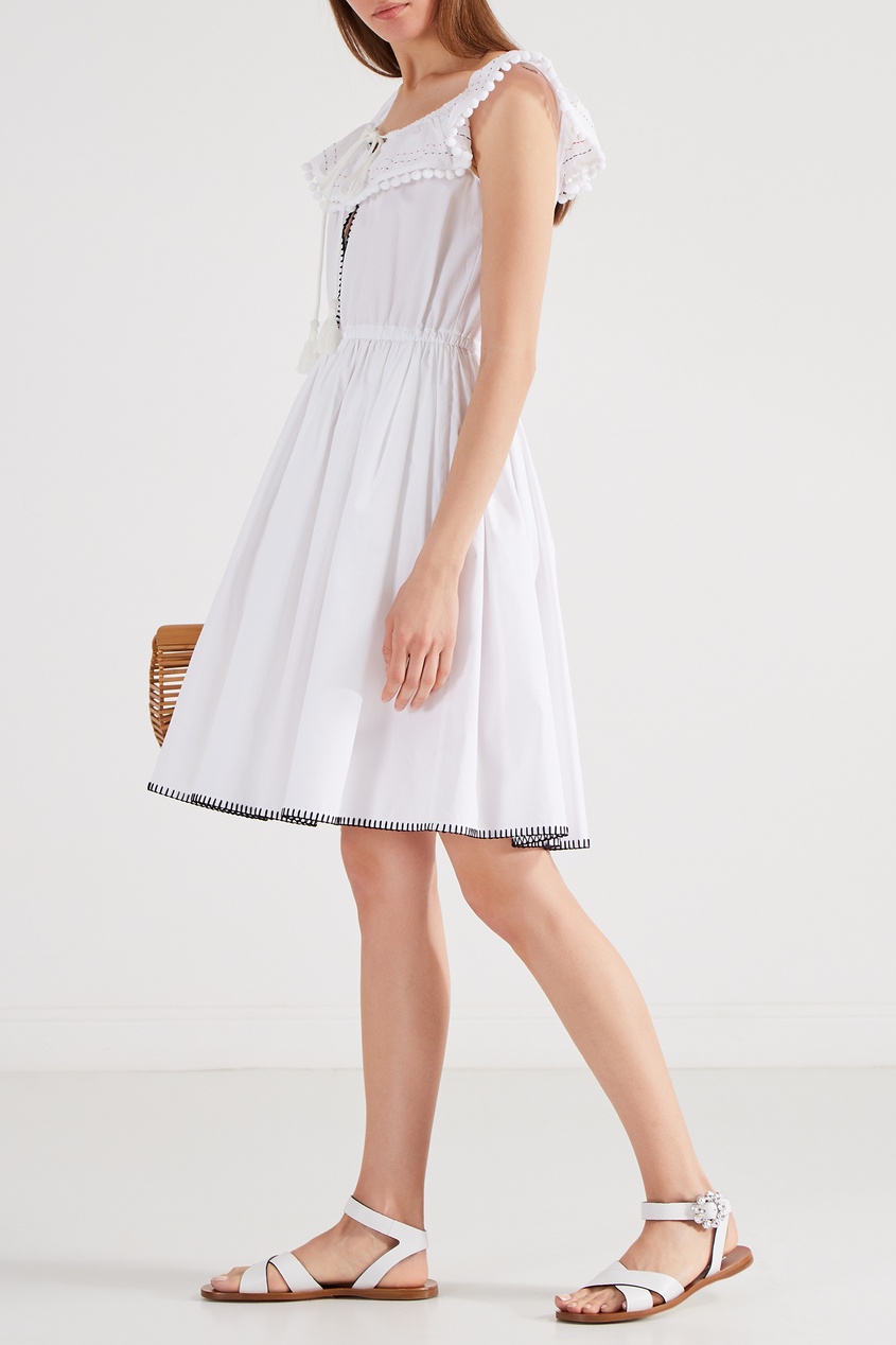 фото Белое поплиновое платье с помпонами Miu miu