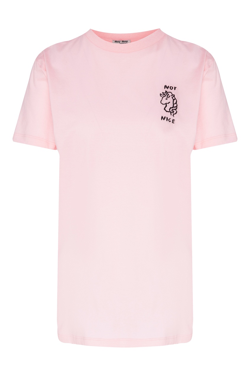 фото Розовая футболка с черной вышивкой miu miu