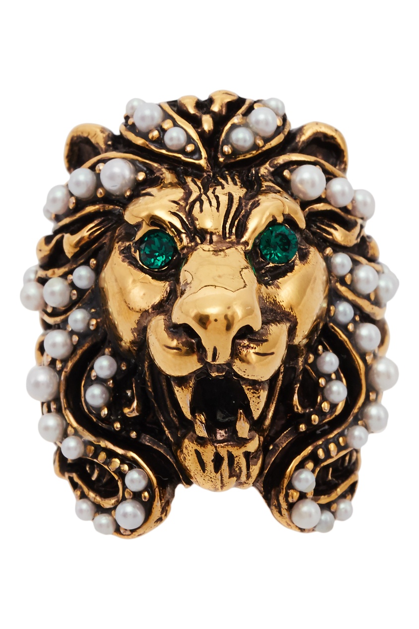 фото Кольцо в виде львиной головы с жемчугом и кристаллами Gucci