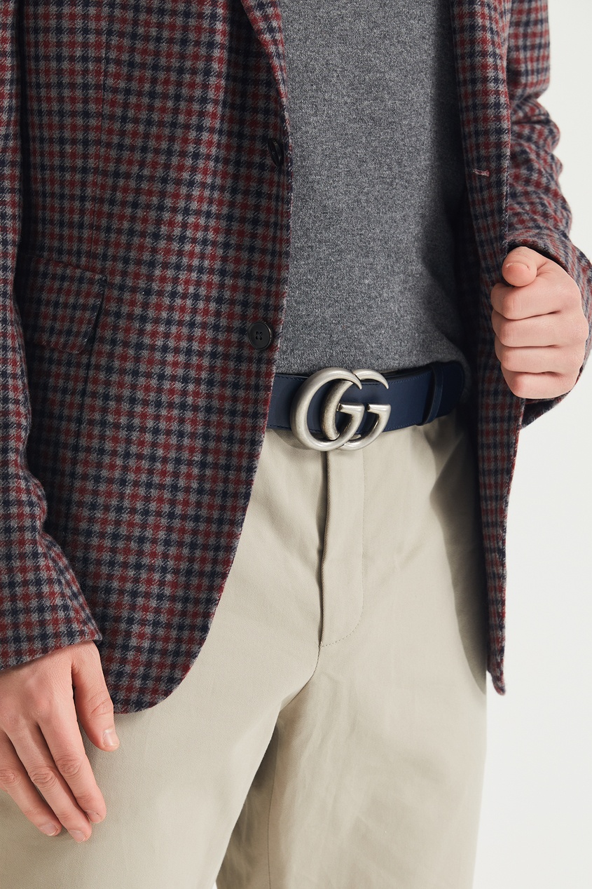 фото Синий кожаный ремень с пряжкой GG Gucci man