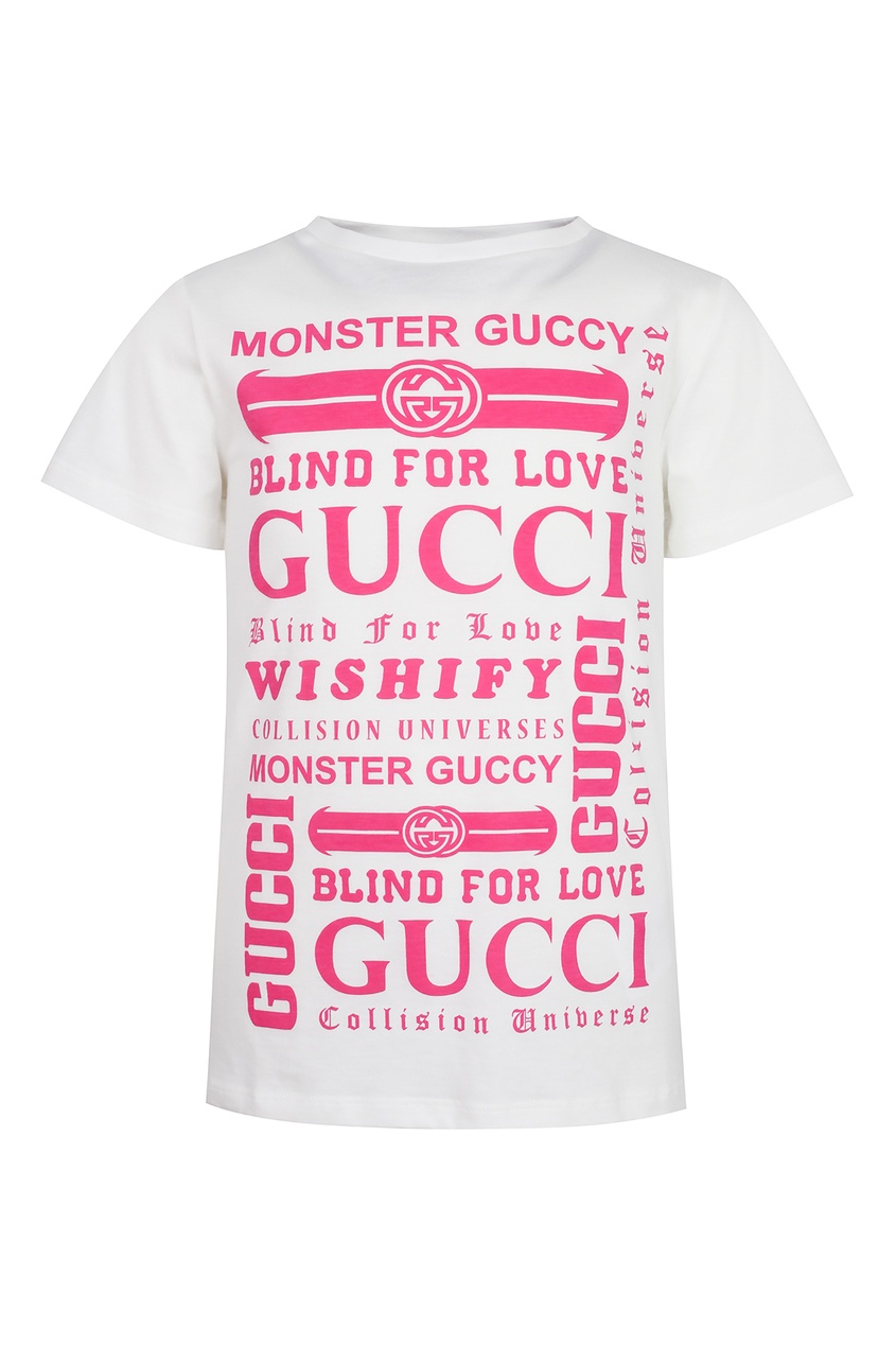 фото Белая футболка с розовыми надписями gucci