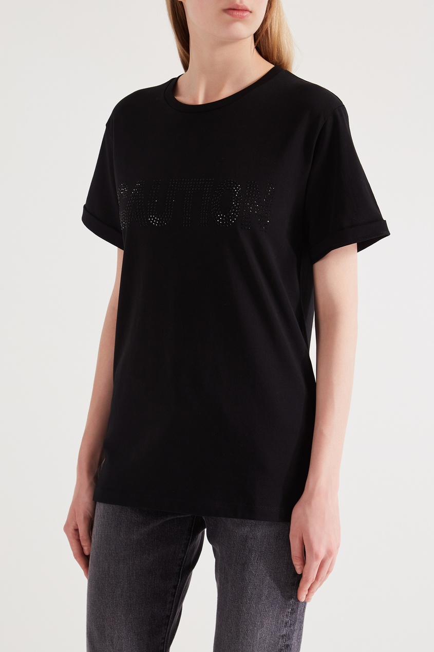фото Черная футболка с отделкой кристаллами victoria bonya jeans