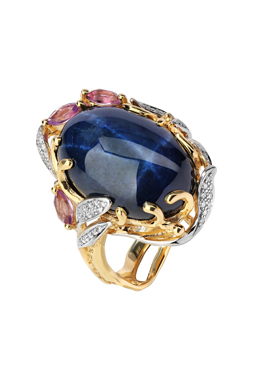фото Золотое кольцо с бриллиантами, аметистами и звездчатым сапфиром Кремлевские мастера