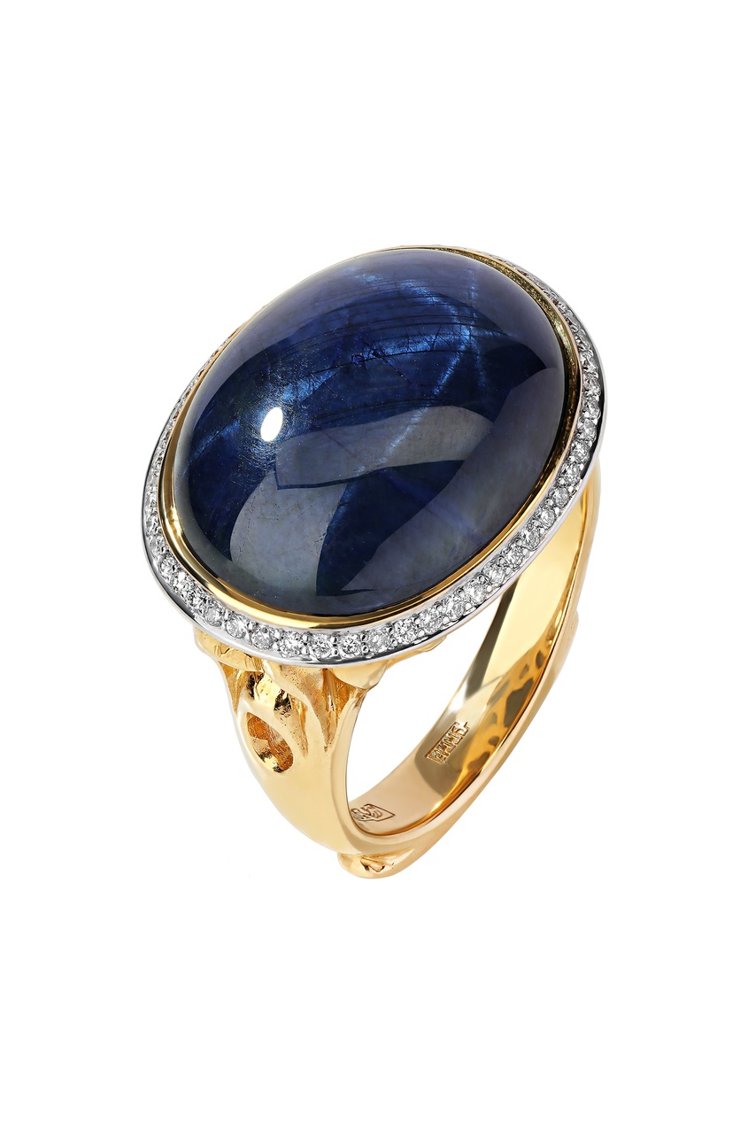 

Золотое кольцо с бриллиантами и звездчатым сапфиром, Синий, Золотое кольцо с бриллиантами и звездчатым сапфиром