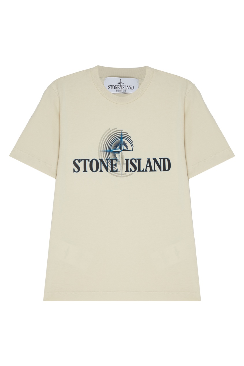 фото Бежевая футболка с принтом stone island kids