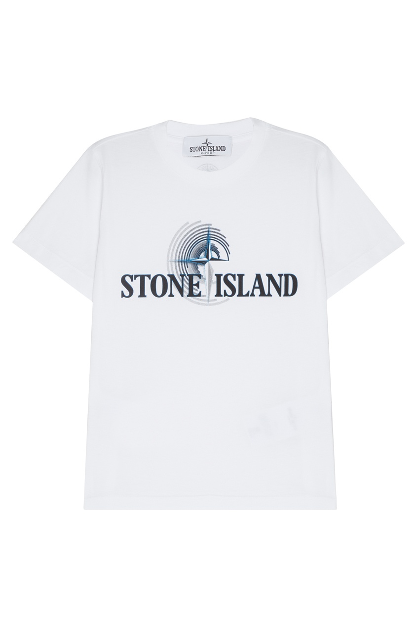 фото Белая хлопковая футболка с принтом stone island kids