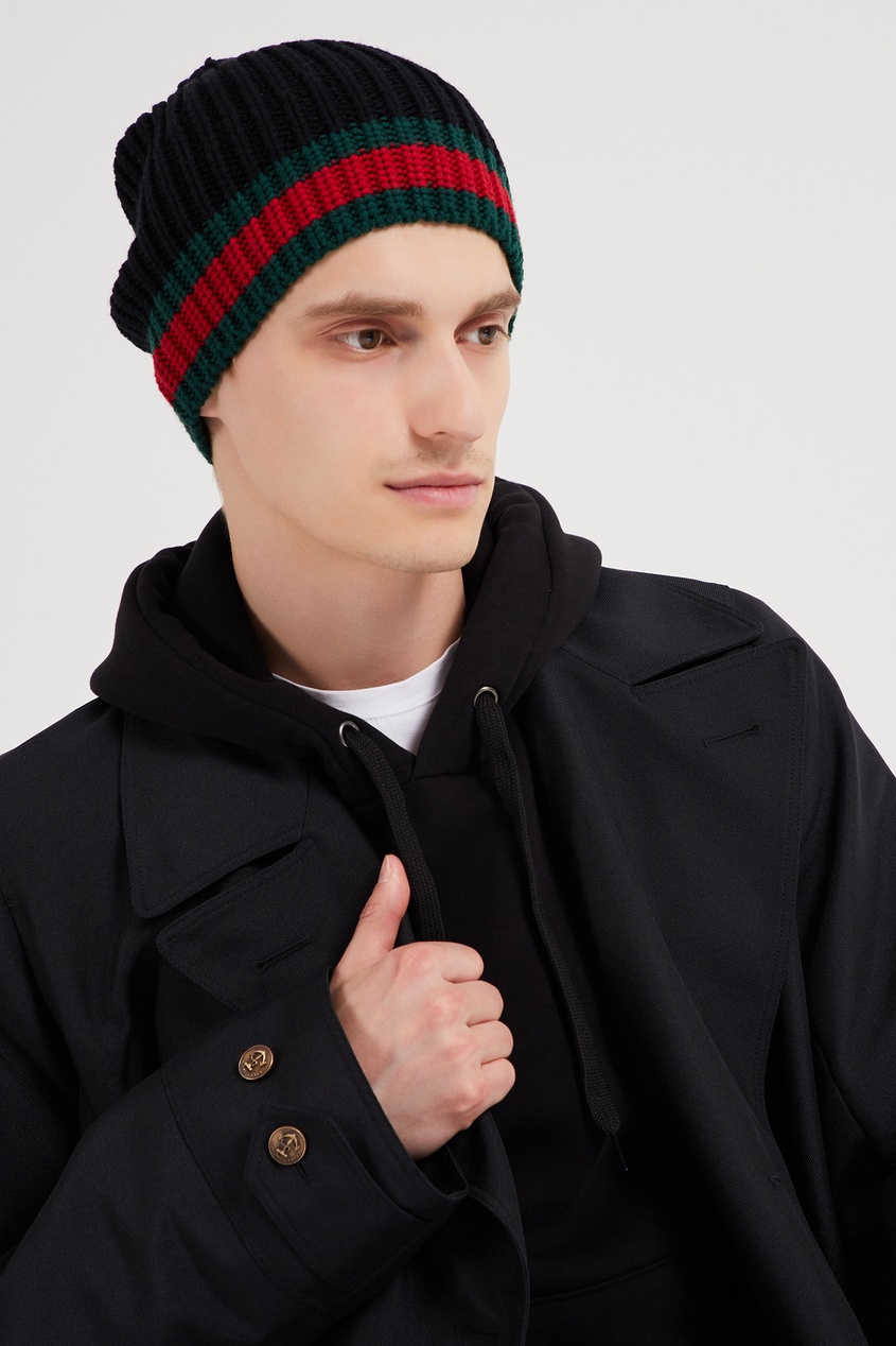 фото Черная шапка с полосами Web Gucci man