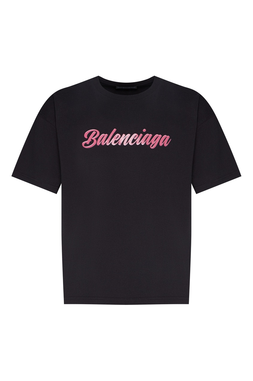 фото Черная футболка с розовым логотипом balenciaga