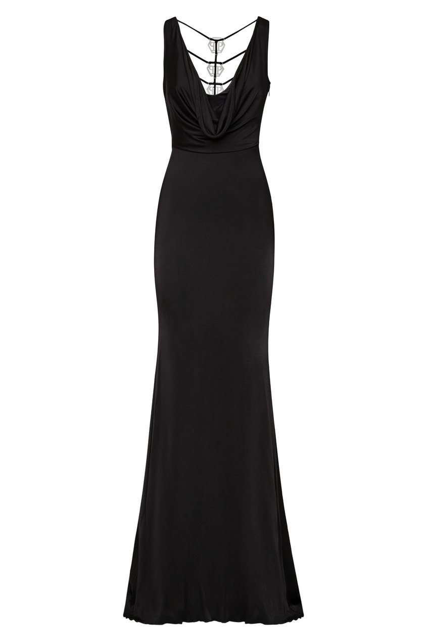 фото Черное платье макси с монограммами Elegant Philipp plein
