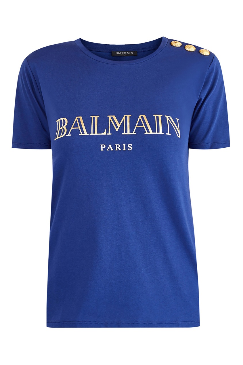 фото Синяя футболка с логотипом и пуговицам balmain