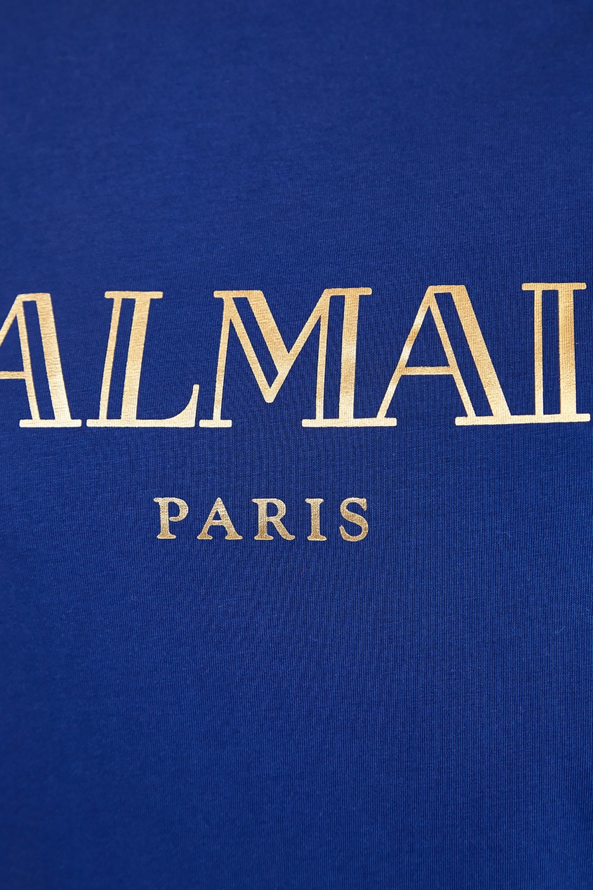 фото Синяя футболка с логотипом и пуговицам balmain
