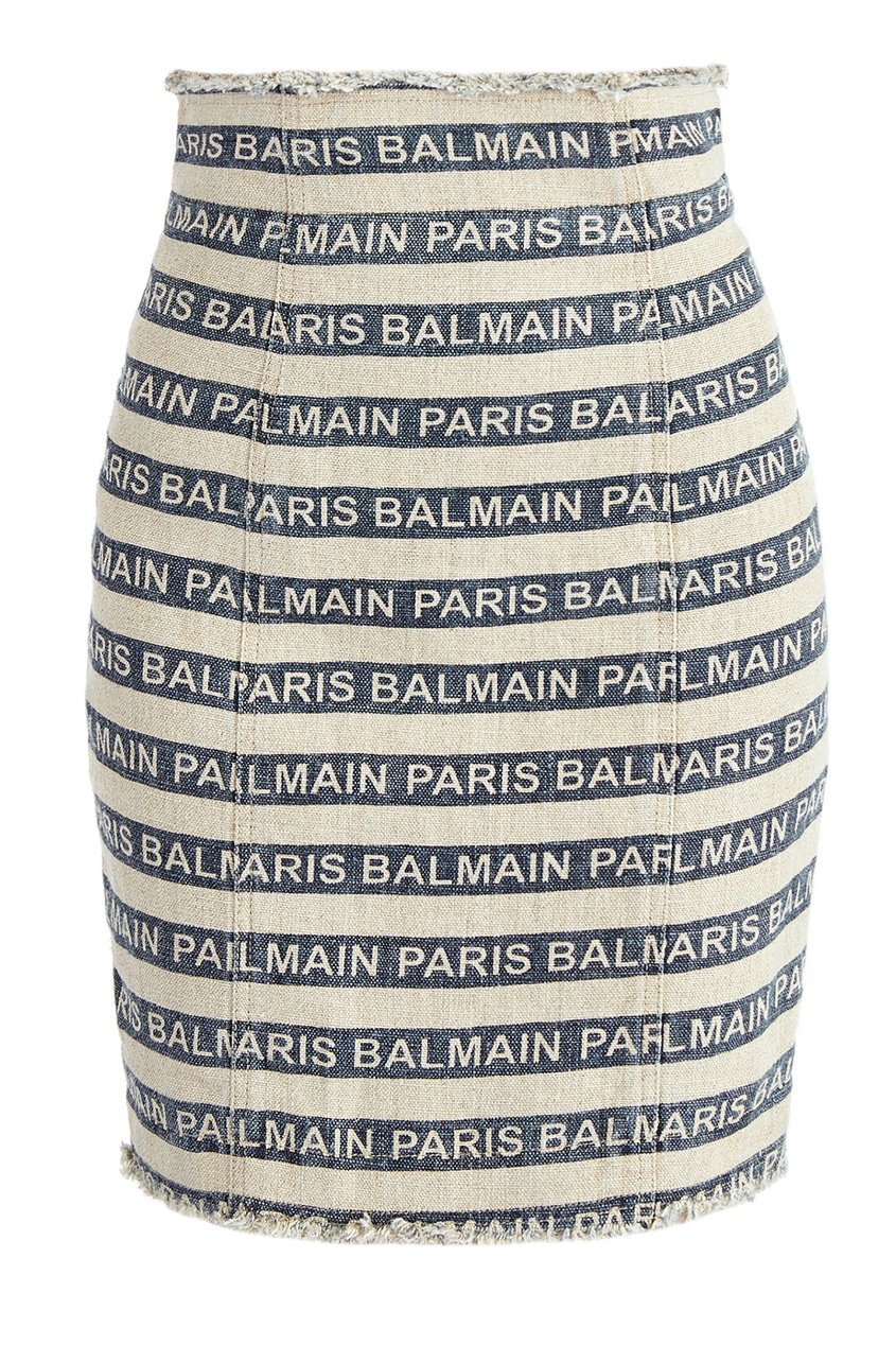 фото Короткая юбка из денима с логотипами Balmain