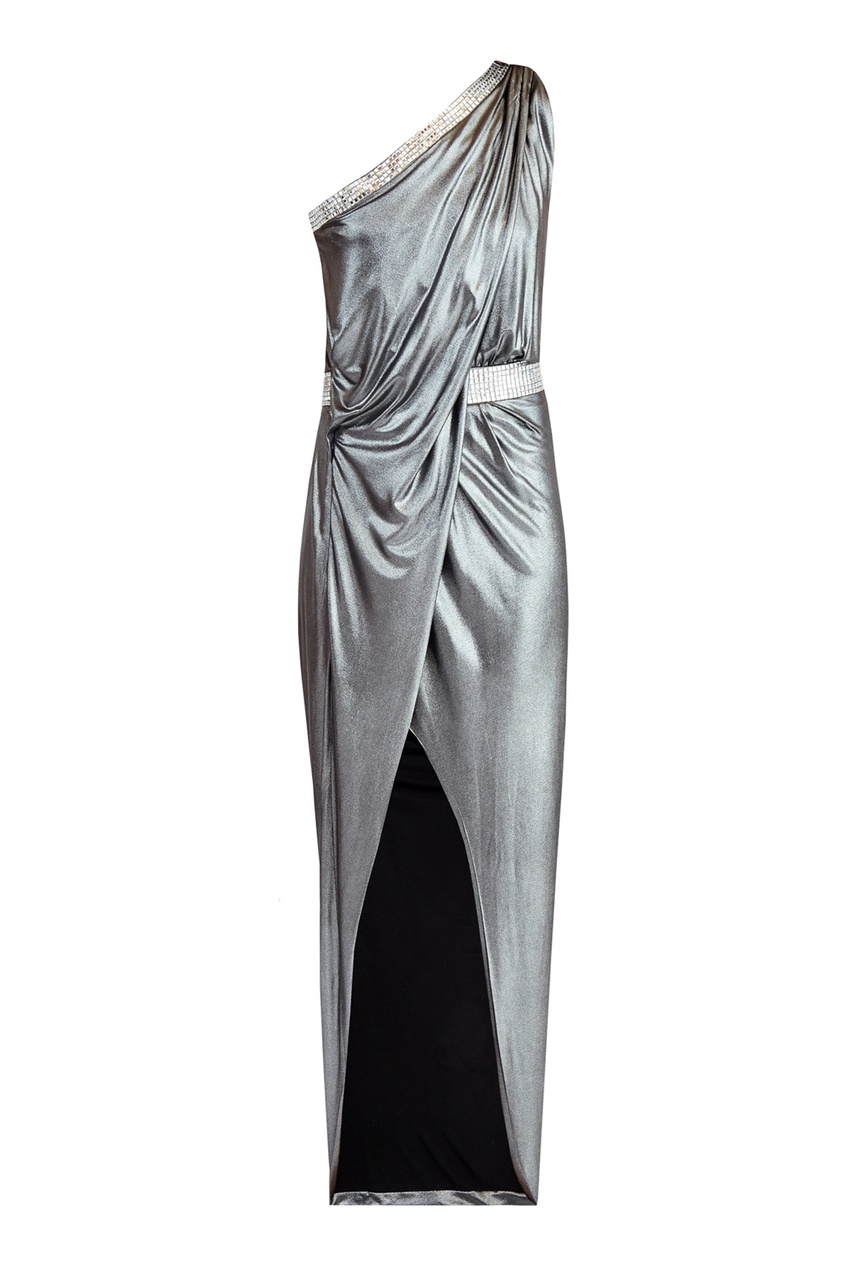 фото Серебристое платье с разрезом и кристаллами balmain