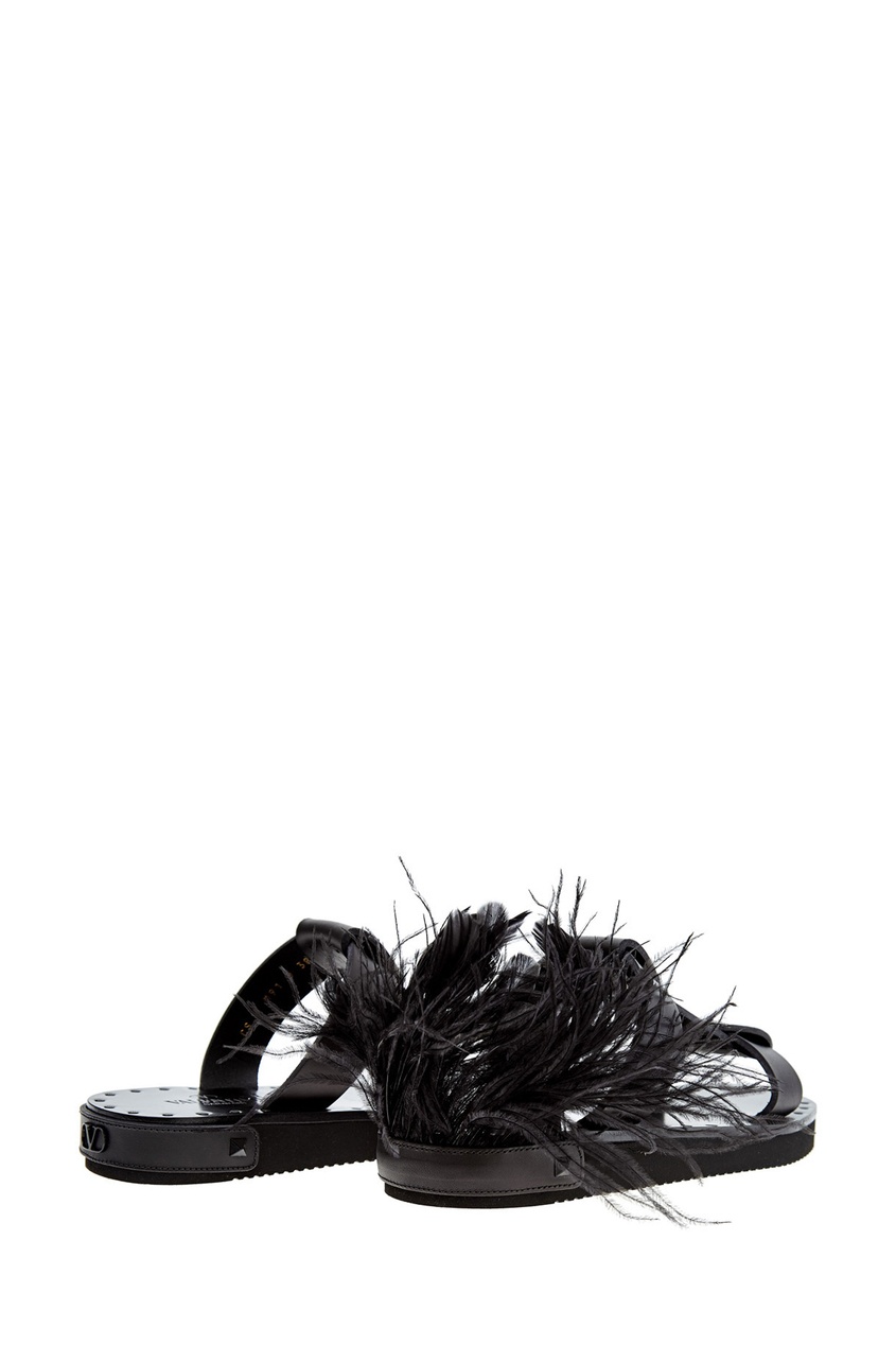 фото Черные кожаные шлепанцы с перьями valentino garavani