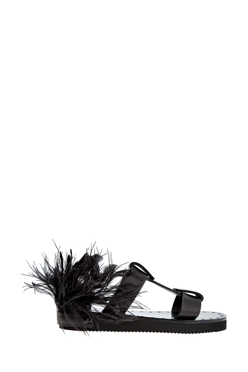 фото Черные кожаные шлепанцы с перьями valentino garavani