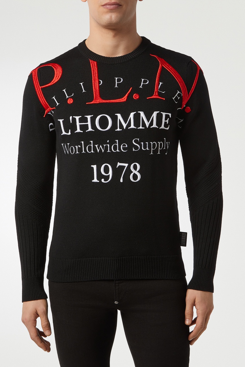 фото Черный вязаный свитер с надписью Philipp plein