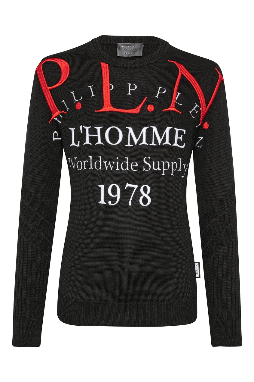 фото Черный вязаный свитер с надписью philipp plein
