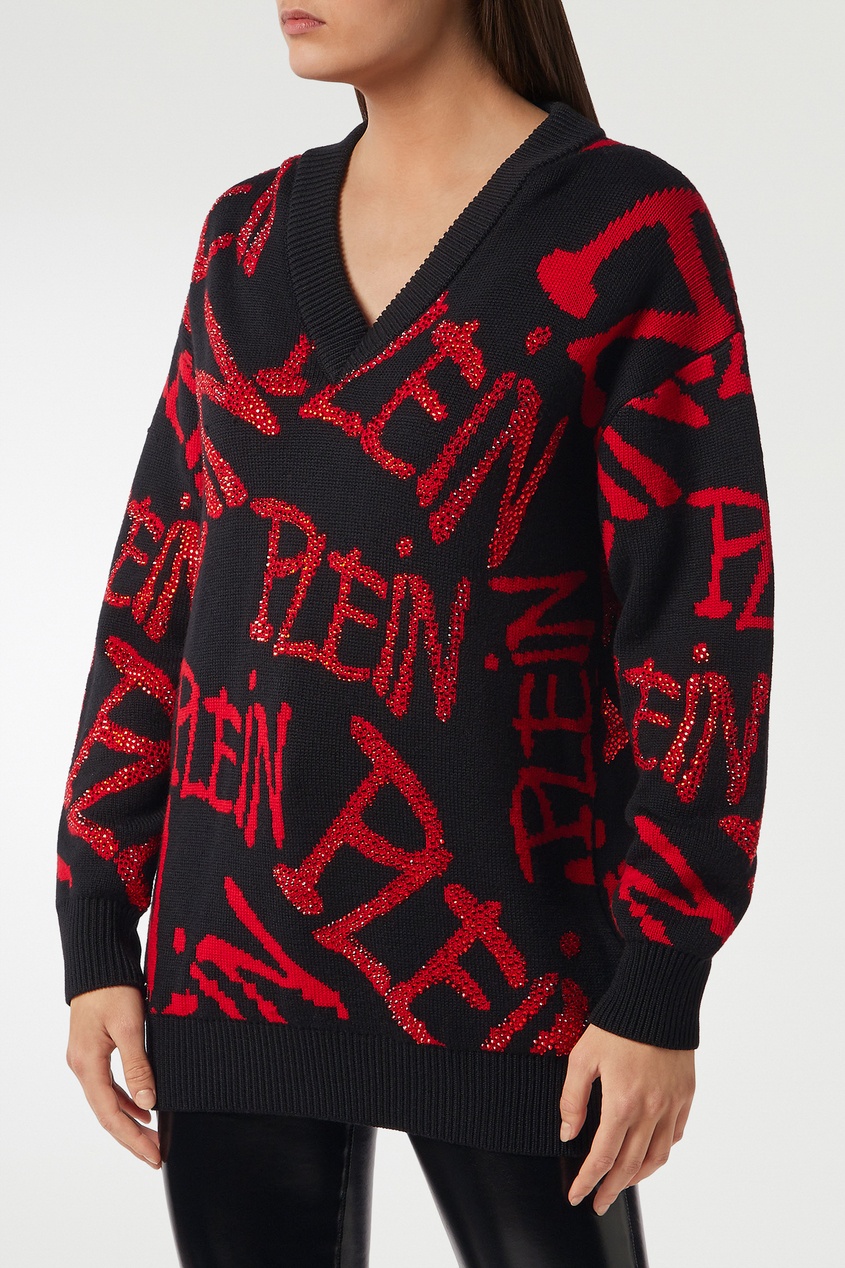 фото Черный объемный свитер с надписями philipp plein