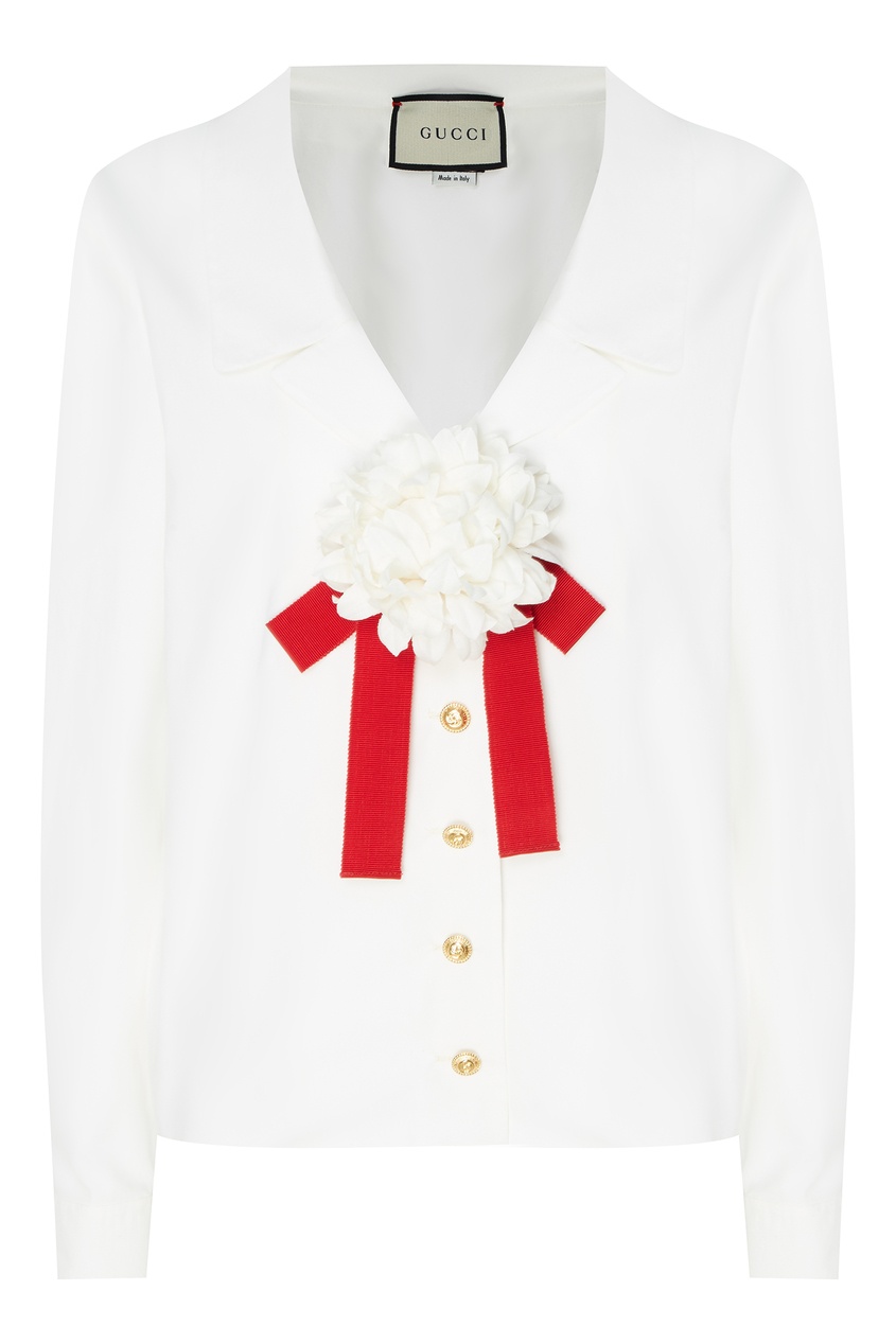фото Поплиновая блуза с брошью Gucci
