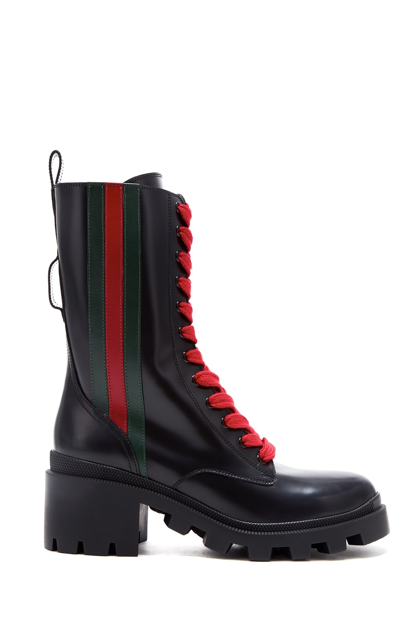 фото Высокие ботинки с контрастной шнуровкой и узором Web Gucci